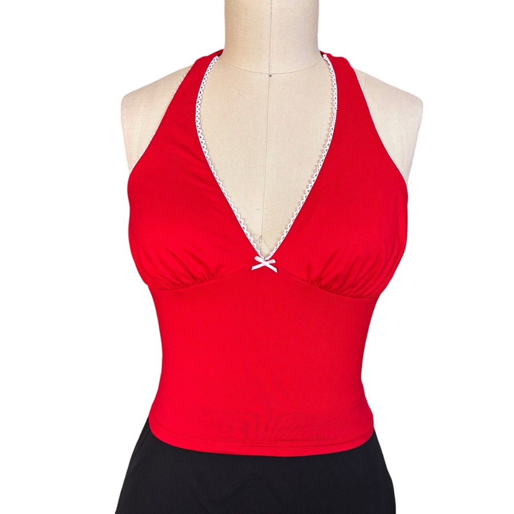 Y2K Coquette Pinup Halter Top Lace Trim Bow Detail Size M Red